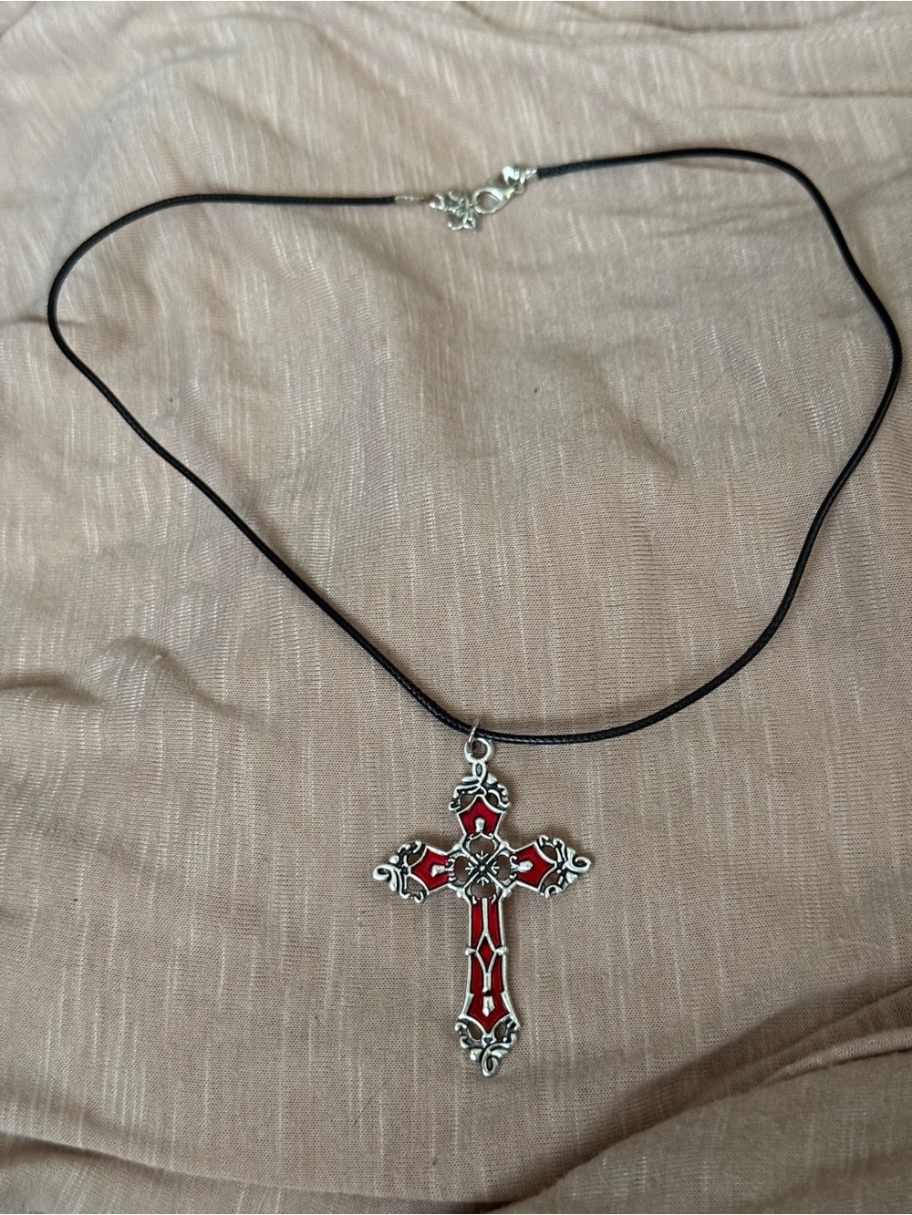 Red Enamel Cross Pendant Necklace with Black Cord